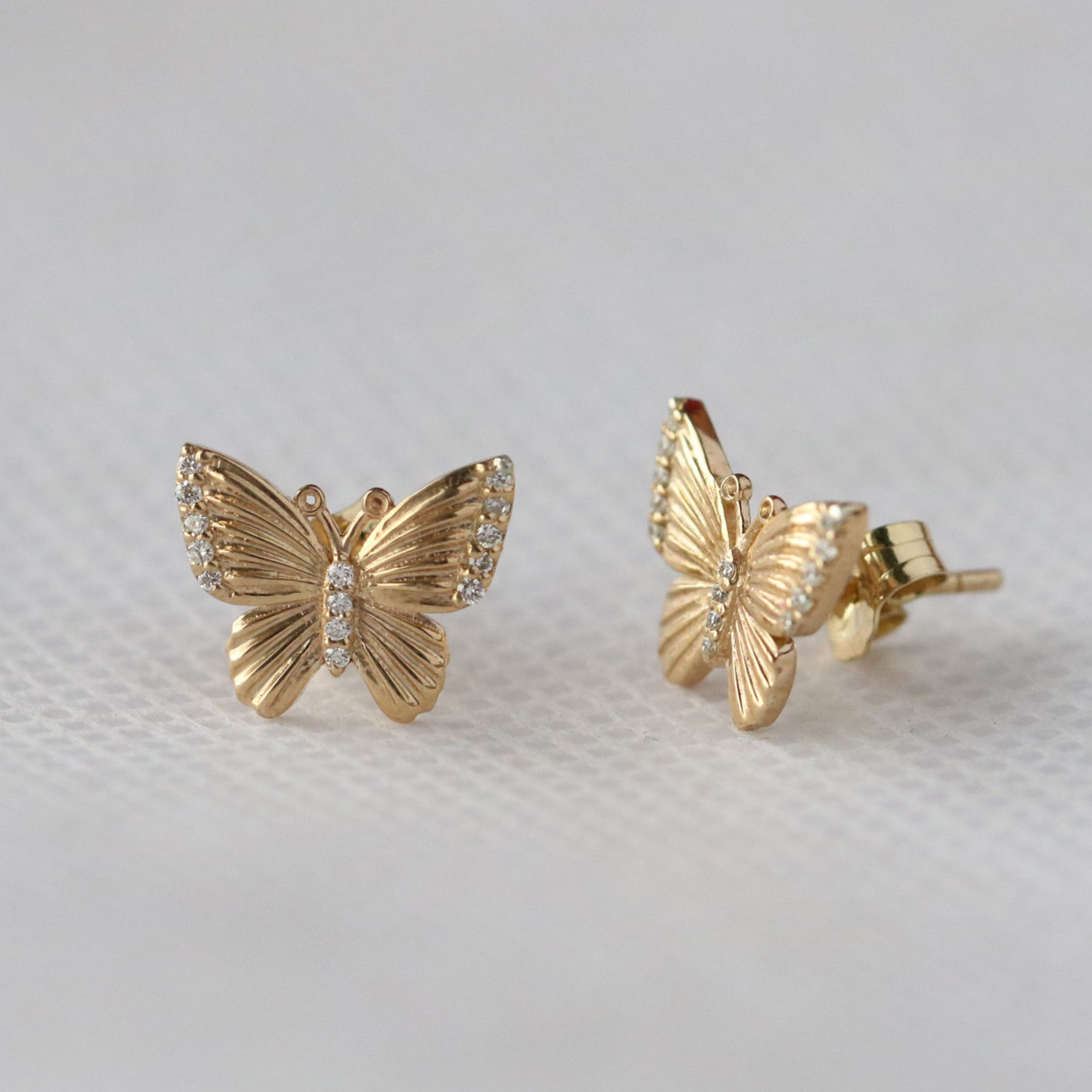 14k Solid Yellow Gold Butterfly Diamond Studs Earrings Fine Christmas Jewelry
