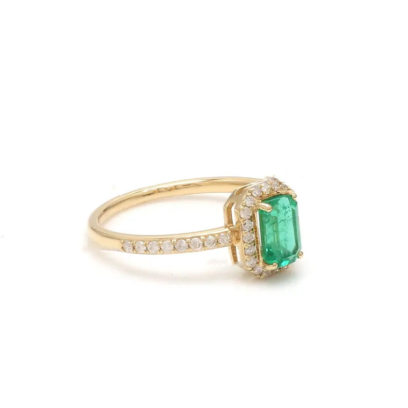 Thumbnail: Octagon Cut Zambian Emerald & Diamond Halo Ring, Solid 14k Yellow Gold Jewelry
