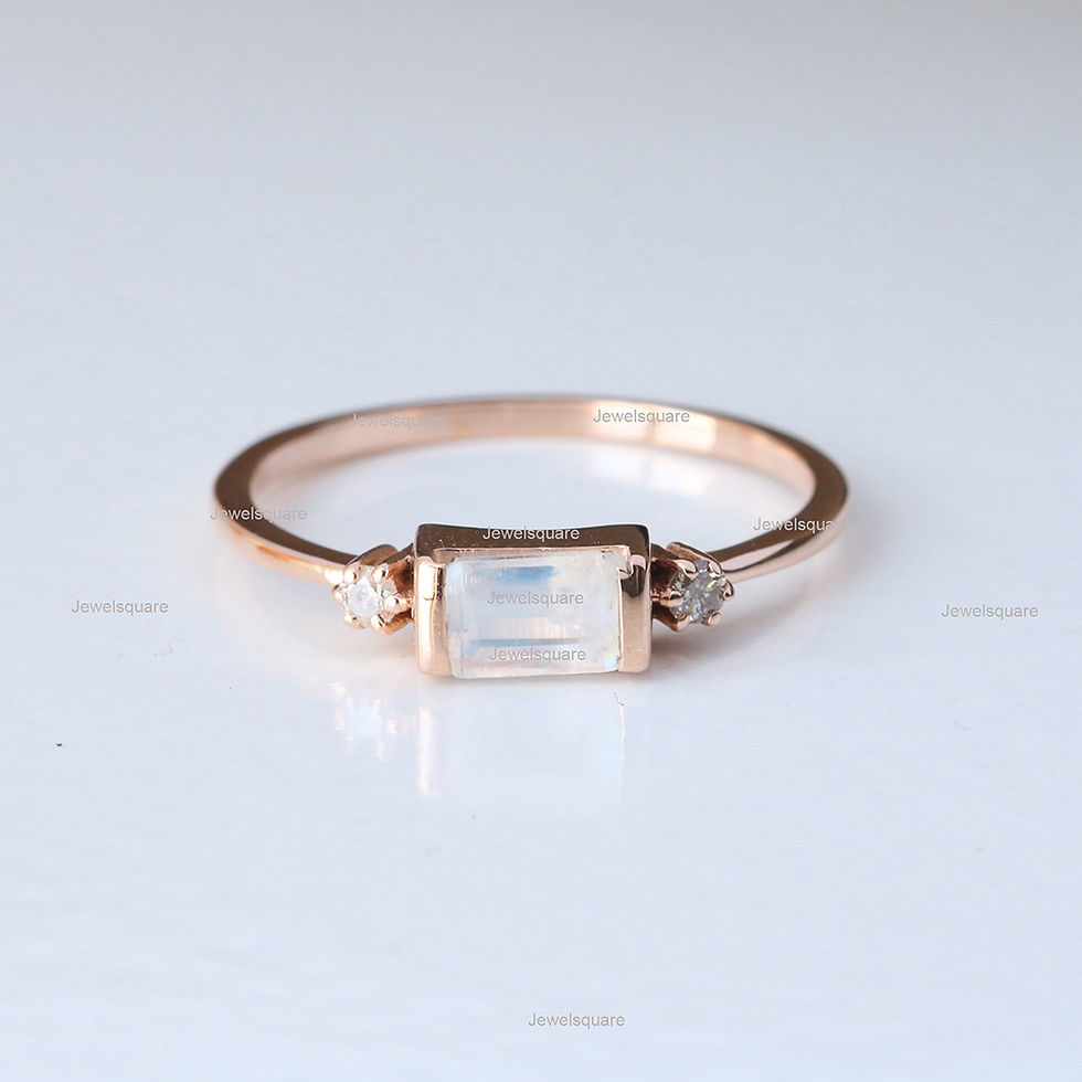 Thumbnail: Baguette Moonstone & Diamond Dainty Ring in Solid 14k Yellow Gold Handmade Ring.