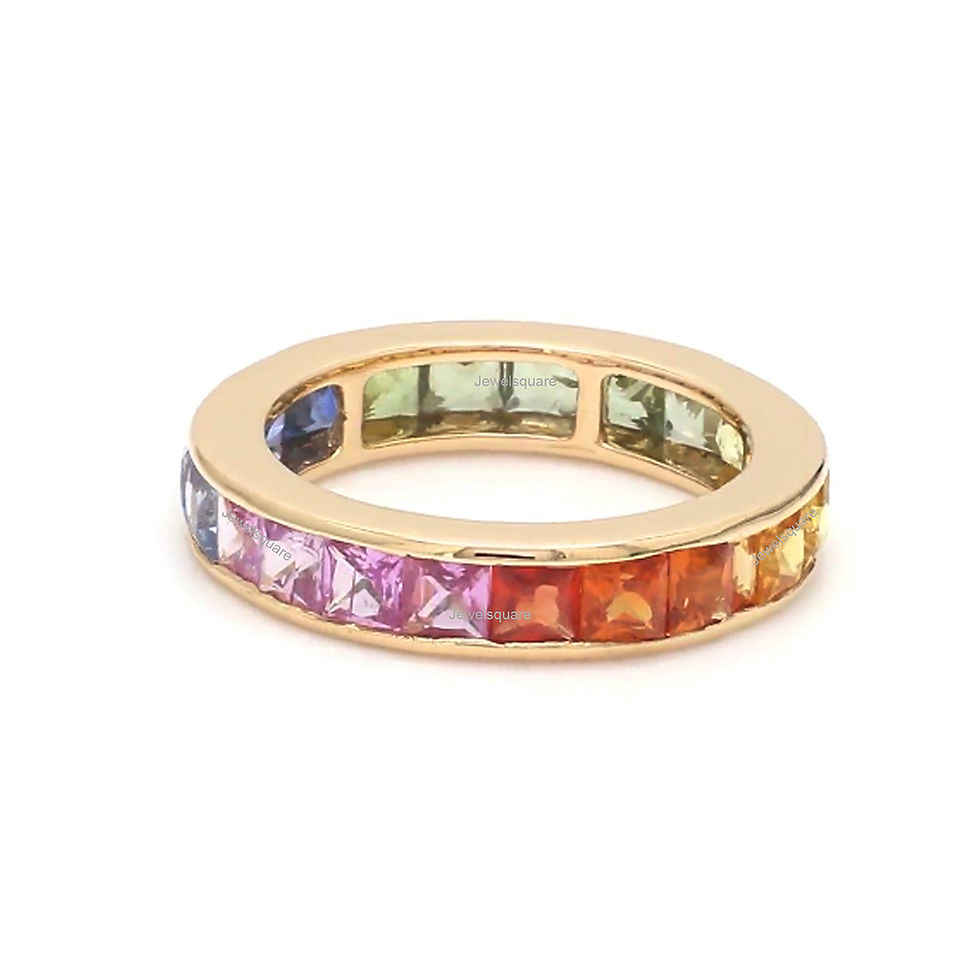 Thumbnail: 3x3 mm Princess Cut Rainbow Sapphire Gemstones Band In Solid 14k Yellow Gold
