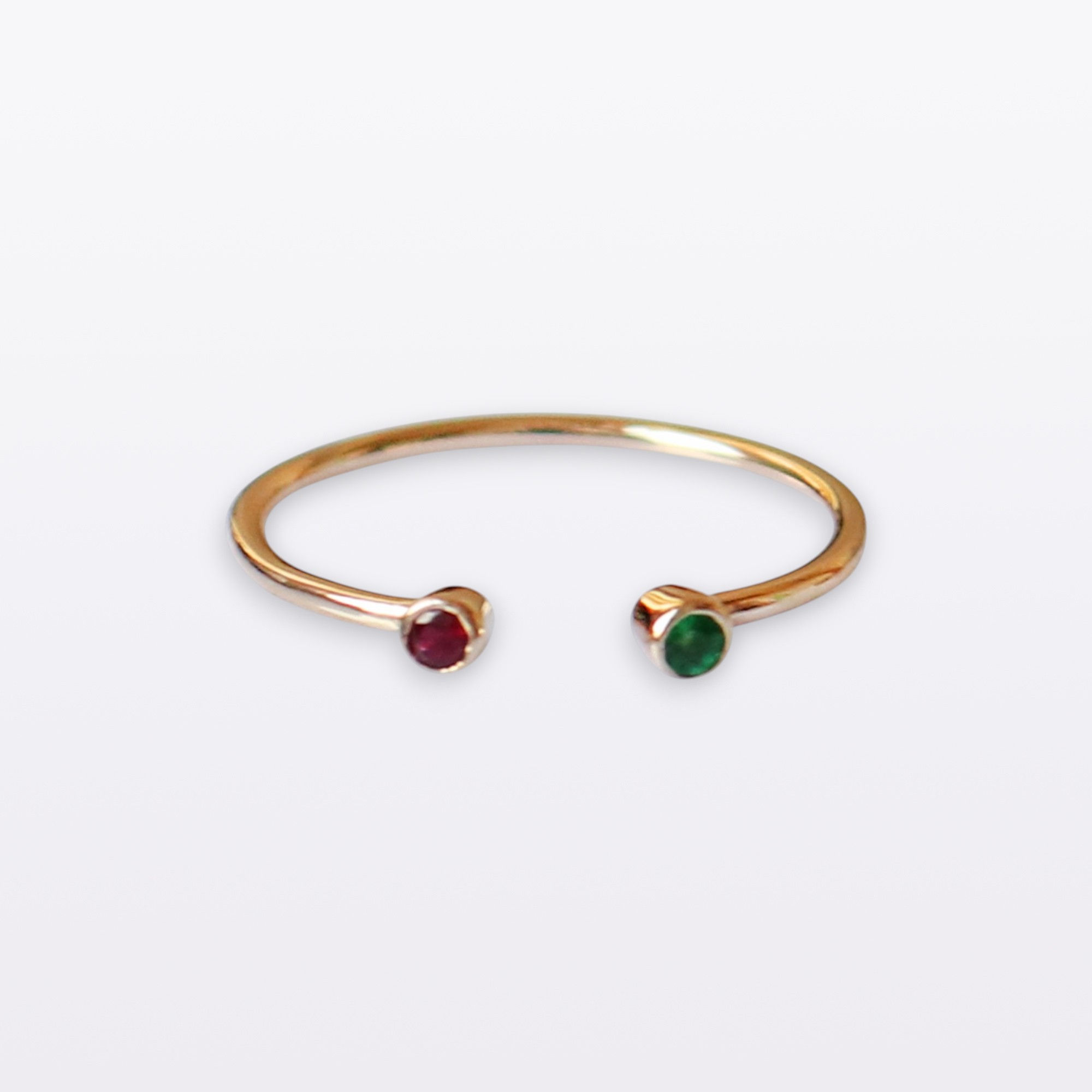 Natural Emerald & Ruby Open Cuff Ring, 14K Yellow Gold Dainty Jewelry.
