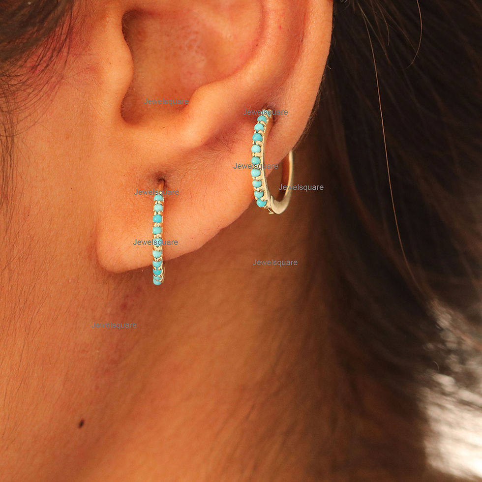 Thumbnail: 1.2mm Turquoise Hoops in Solid 14k Yellow Gold Hoops.