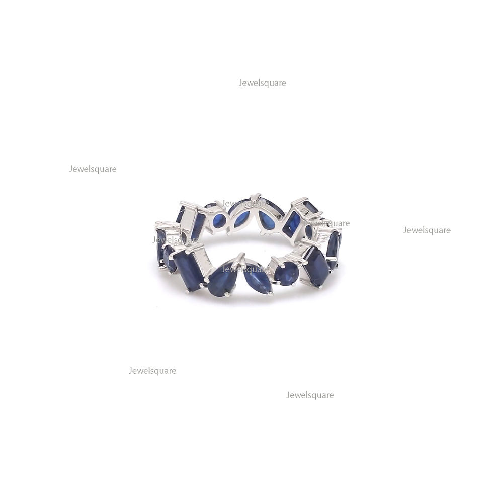Thumbnail: 14k Solid White Gold Multi Shape Blue Sapphire Zig Zag Pinky Finger Band Ring