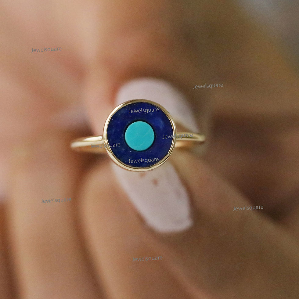 Thumbnail: Natural Lapis Lazuli with Turquoise Evil Eye Disc Ring 14k Gold Third Eye Ring