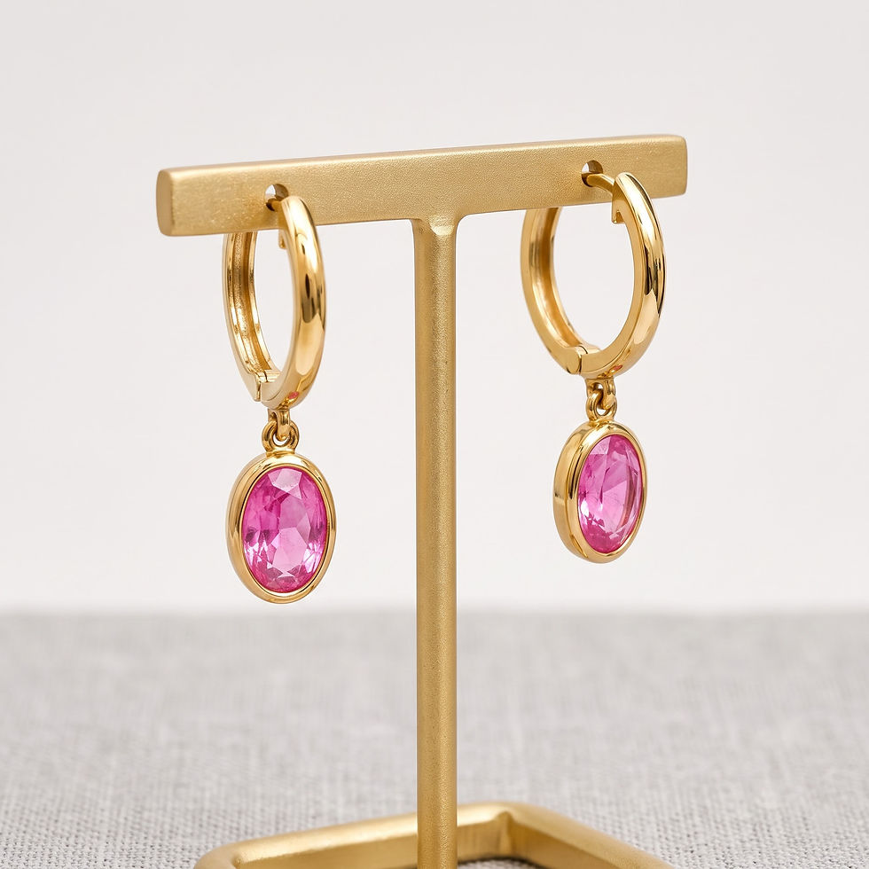 Thumbnail: Solitaire Pink Sapphire Oval Drop Hoop Earrings Solid 14K Yellow Gold Jewelry