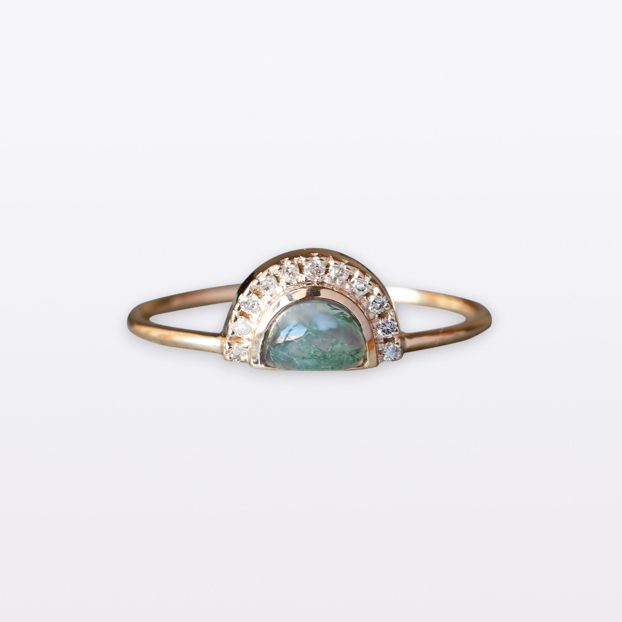 Sunrise Moss Agate & Diamond Studded Ring in 14K Yellow Gold Ring.