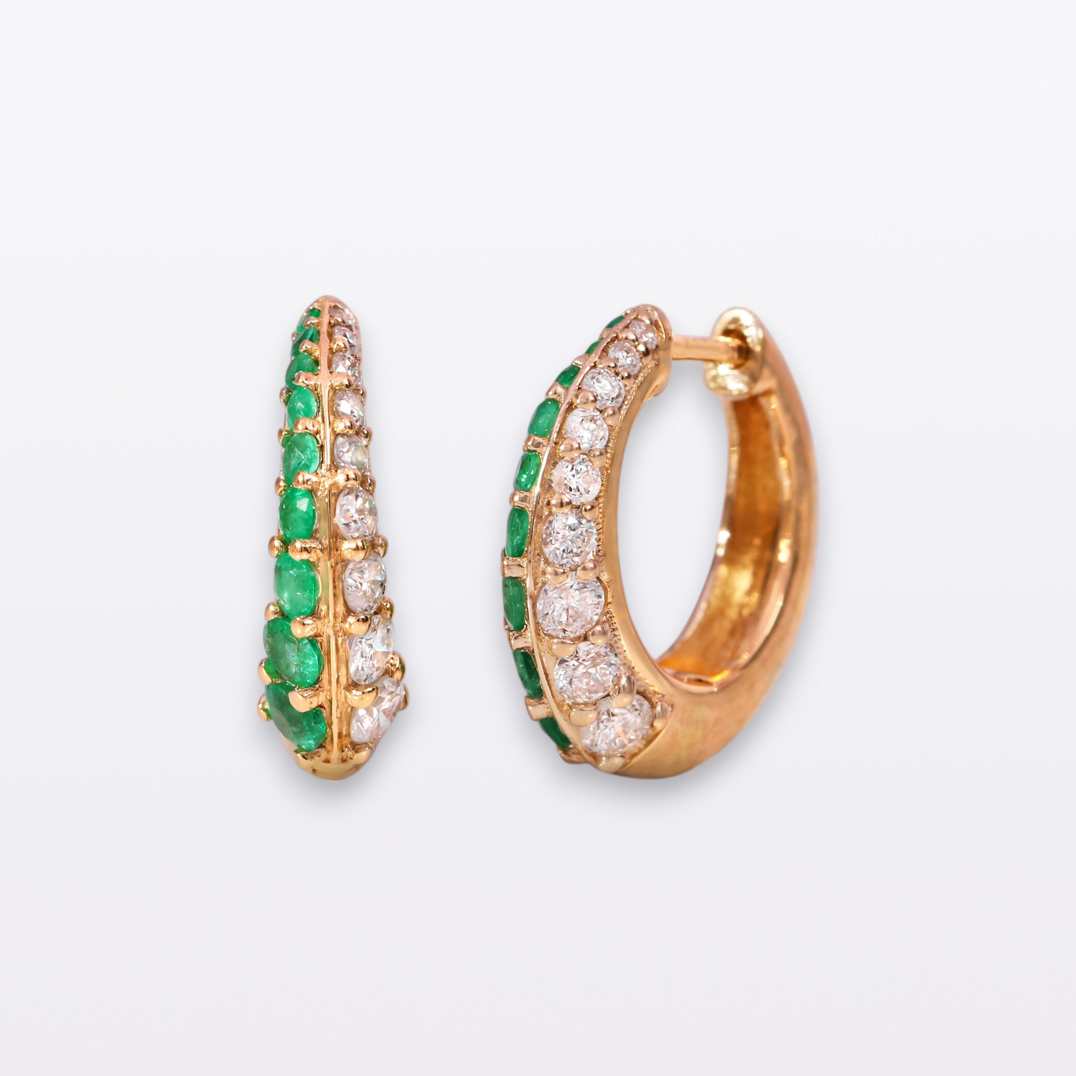 Natural Graduate Emerald & Diamond Double Row Hoop Earrings In 14k Yellow Gold