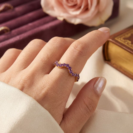 Thumbnail: Amethyst Wave Ring , Solid 14K Yellow Gold Stackable Half Eternity Ring