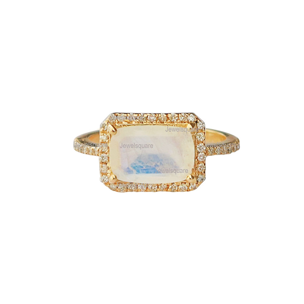 Thumbnail: Octagon Moonstone & Diamond Halo Wedding Ring in Solid 14k Yellow Gold Ring