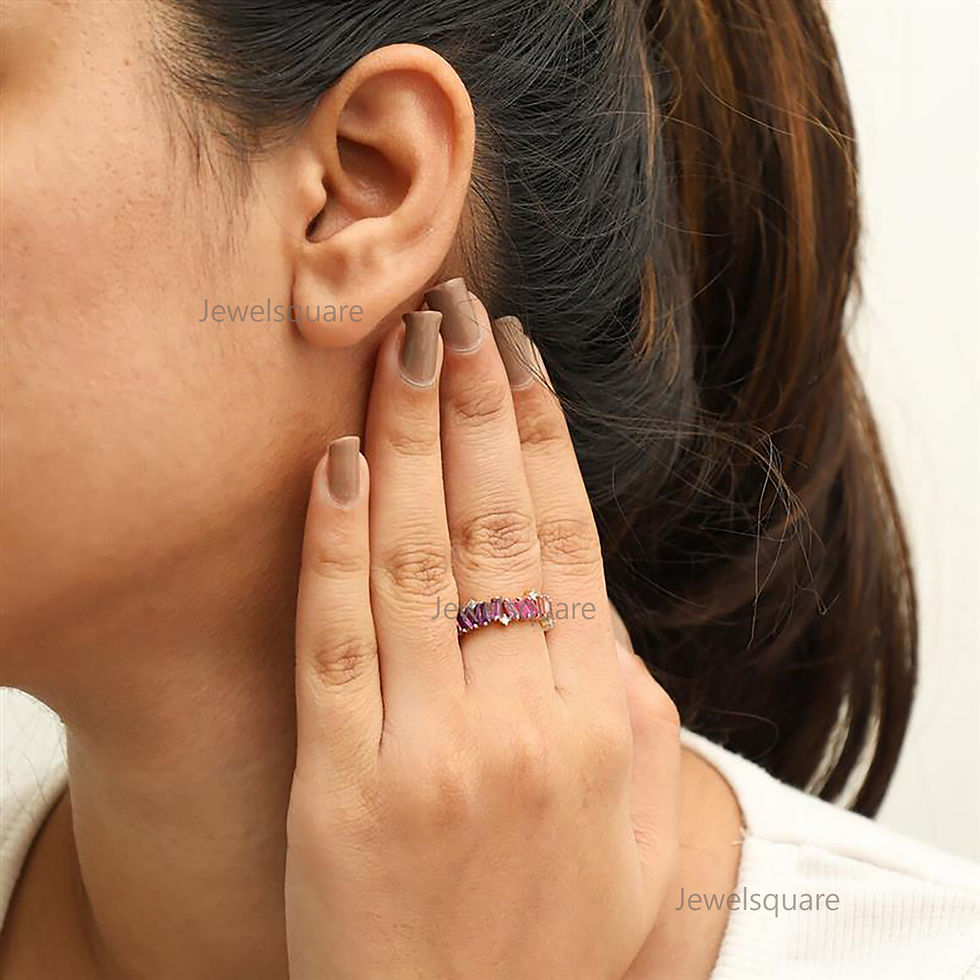 Thumbnail: Baguette Cut Natural Sapphire & Diamond Eternity Ring, 14K Gold