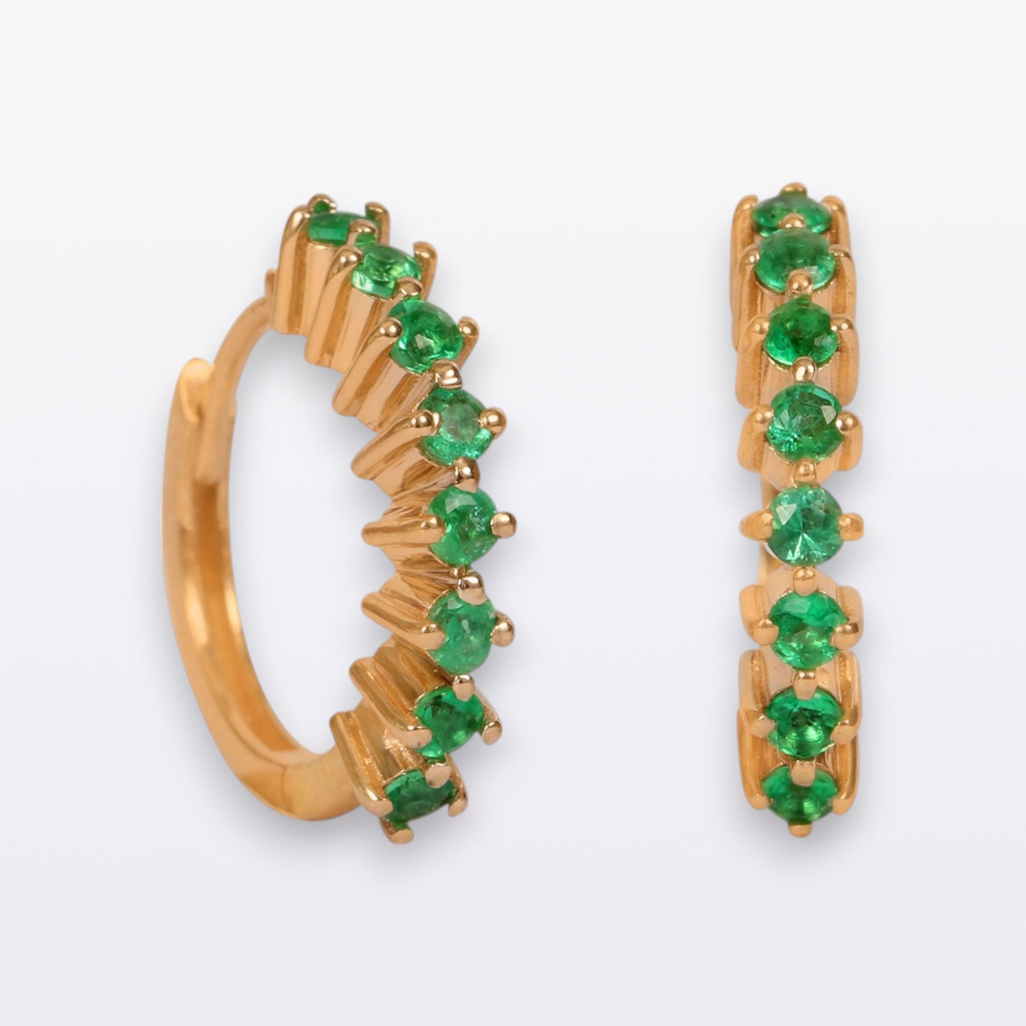 Genuine Emerald 14k Yellow Gold Hoops, Mini Spike Look Huggie Hoops Earrings