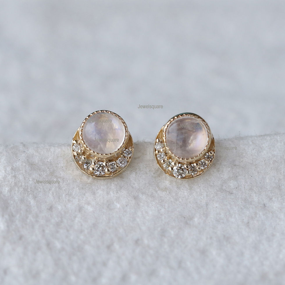 Thumbnail: Natural Diamonds And Crescent Moonstone 14k Yellow Gold Studs, Dainty Earrings