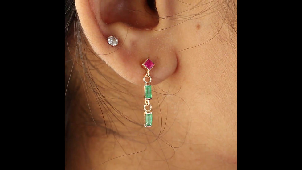 Thumbnail: Cascade Natural princess Ruby & Baguette Emerald Drop Earring 14k Yellow Gold