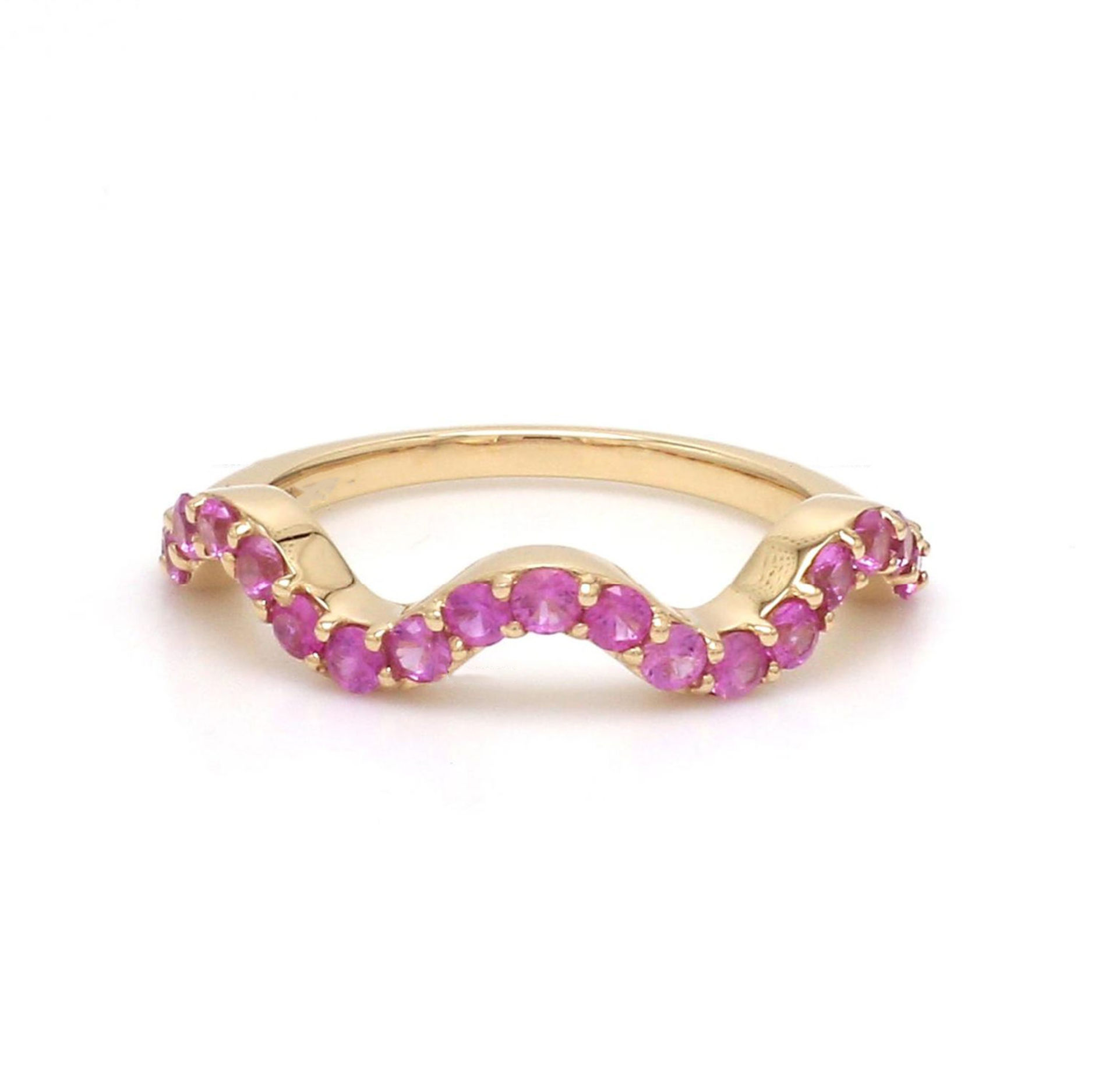 Pink Sapphire Wavy Half Eternity Band Ring, Solid 14kYellow Gold Stackable Ring