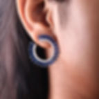 Thumbnail: Baguette Blue Sapphire &Diamond Circle Open Hoop Stud Earrings In 14kYellow Gold