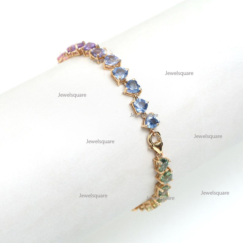 Thumbnail: Rainbow sapphire Heart Shape Tennis Link Chain Bracelet In 14k Solid Gold