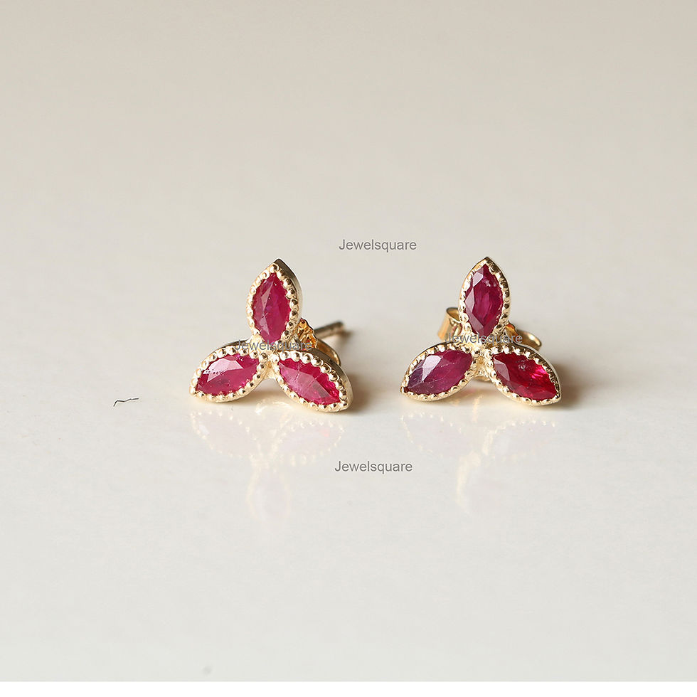 Thumbnail: Trio Marquise Genuine Ruby Studs, Solid 14k Yellow Gold Gemstone Gift Earrings.