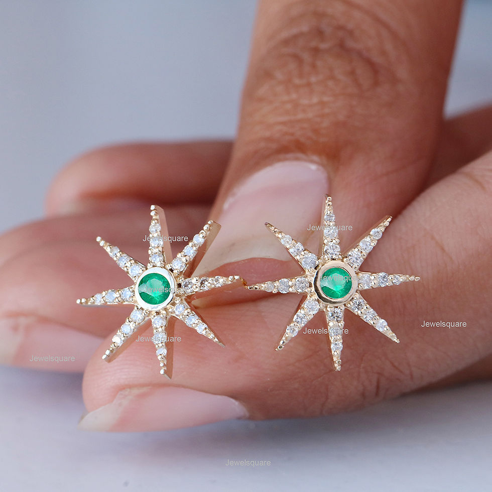 Thumbnail: Real Emerald & Si Clarity Natural Diamonds Starburst Studs In 14k Yellow Gold