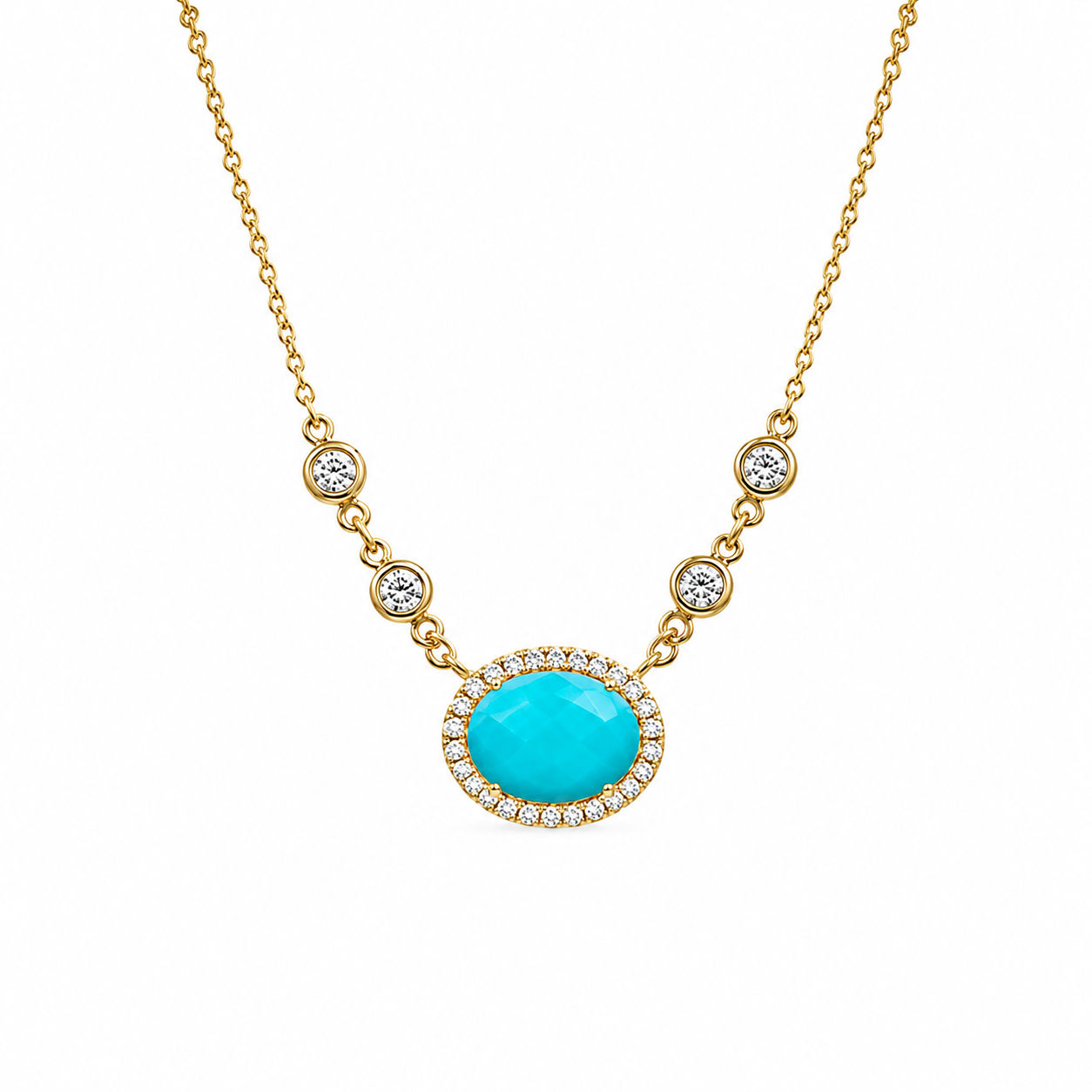 Solid 14k Yellow Gold Oval Turquoise & Station Diamond Halo Chain Necklace