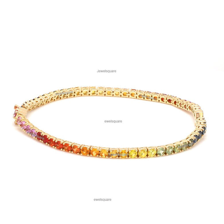 Thumbnail: Rainbow Sapphire Personalized Initial Letter Tennis Bracelet 14k Solid Gold