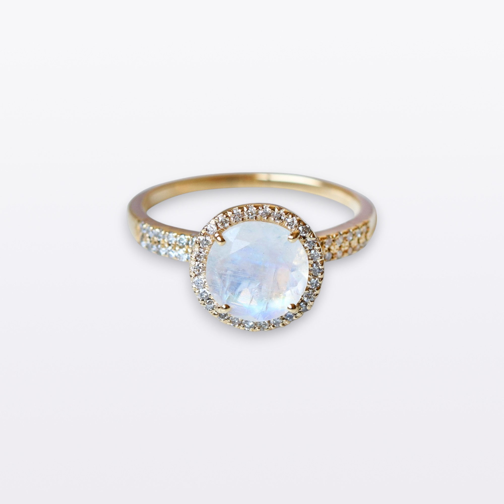 Delicate Moonstone & Diamond Band Ring in 14k Yellow Gold Ring.