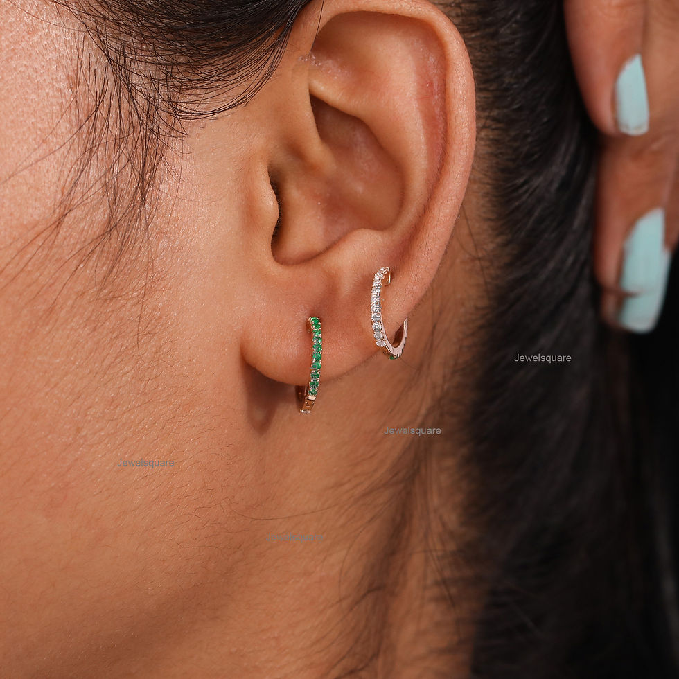 Thumbnail: Emerald & Diamond Reversible Hoop Earrings, 14k Yellow Gold Double Side Hoops