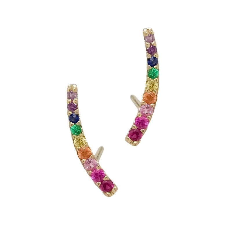 Thumbnail: 14k Solid Yellow Gold Rainbow Sapphire Gemstones Ear Climber Curve Stud Earrings