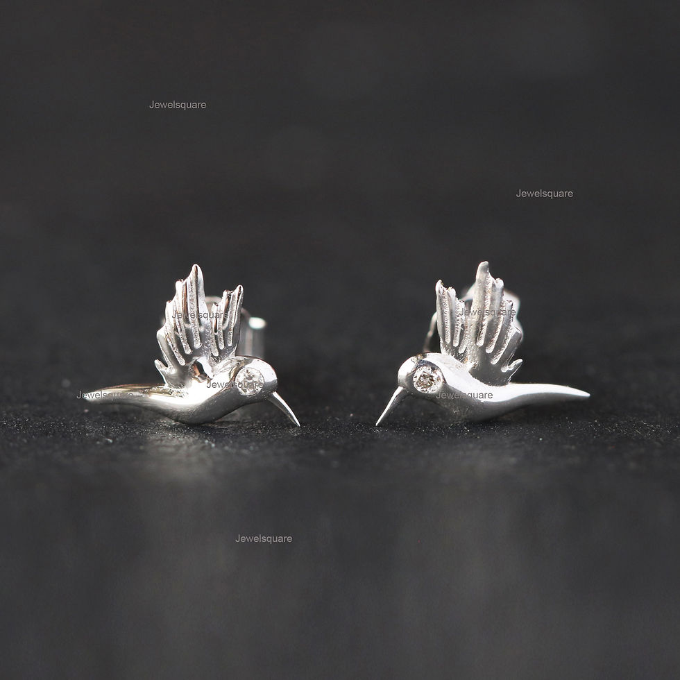 Thumbnail: Solid 14k White Gold Humming Bird Diamond Stud Earring, Handmade Jewelry Fine.