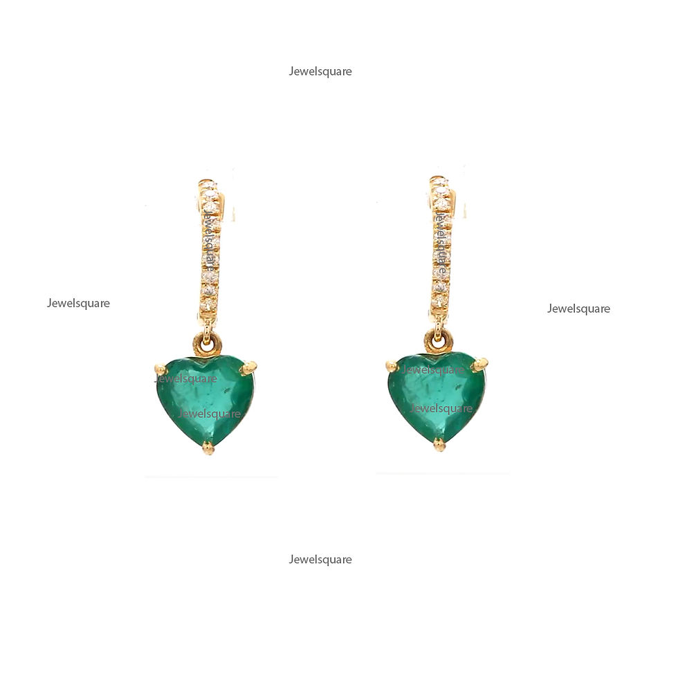 Thumbnail: Solitaire Heart Emerald & Studded Diamond Drop Hoops Huggies Earrings 14k Gold