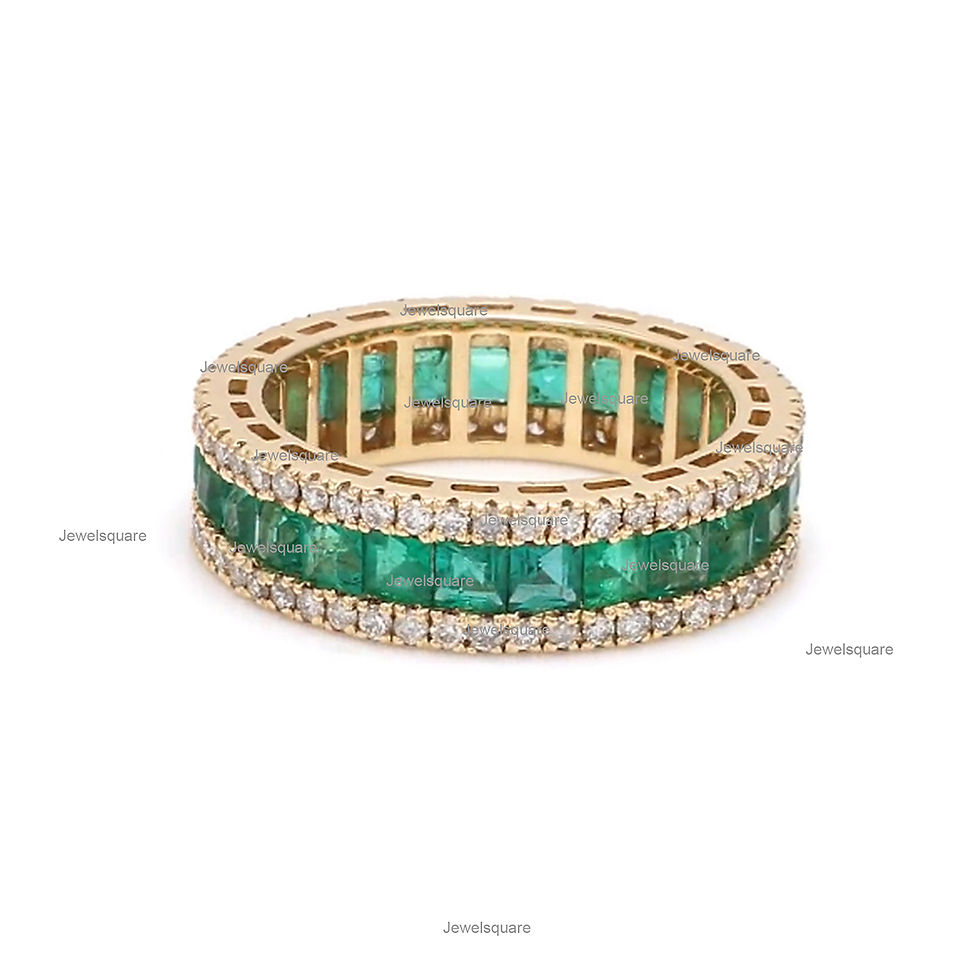 Thumbnail: Princess Cut Emerald& Diamond Channel Set Full Eternity Band Ring Solid 14K Gold
