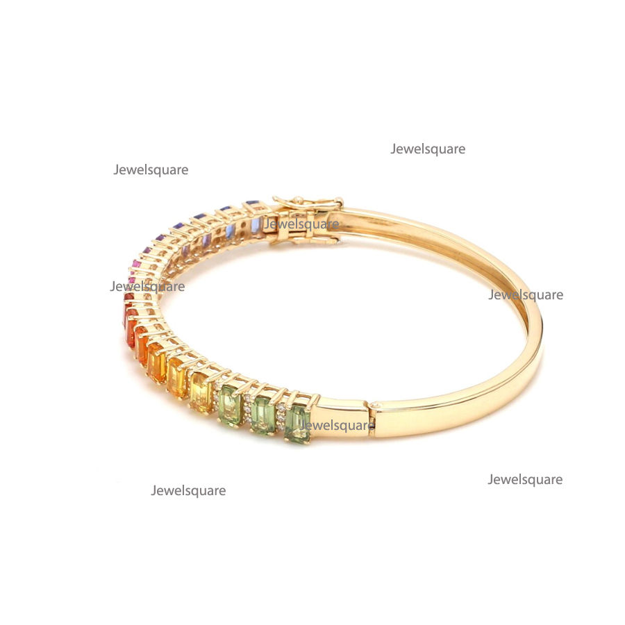 Thumbnail: Emerald Cut Natural Ombre Rainbow Sapphire & Diamond Bangle Bracelet in 14K Gold