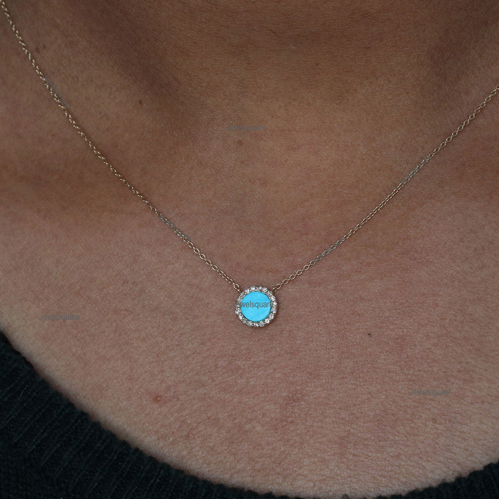 Solid 14k Yellow Gold in Turquoise Disc Diamond Necklace.