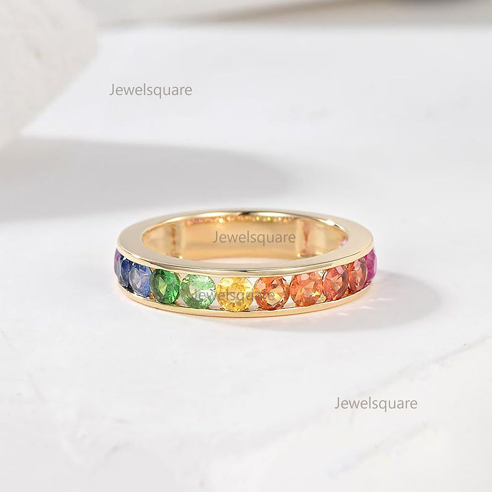 Thumbnail: Rainbow Sapphire Channel Set Ring, 14K Gold Half Eternity Ring