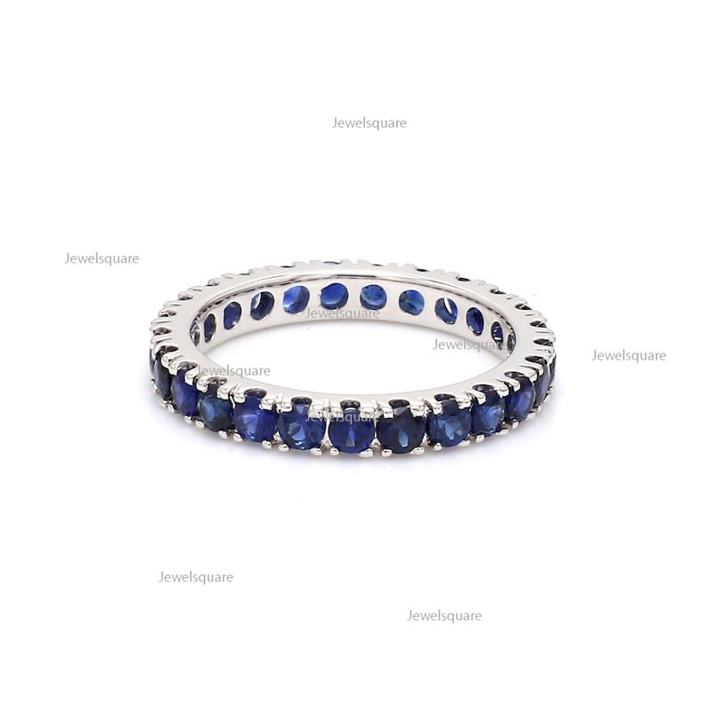 Thumbnail: Blue Sapphire Round Full Eternity Engagement Ring, 14K Solid Yellow Gold Ring