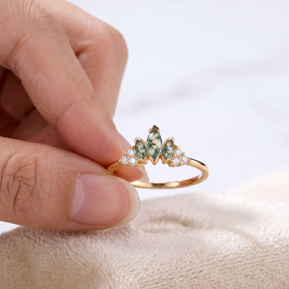 Thumbnail: Marquoise Cut Moss Agate & Diamond Ring In Solid 14K Yellow Gold Christmas Gift