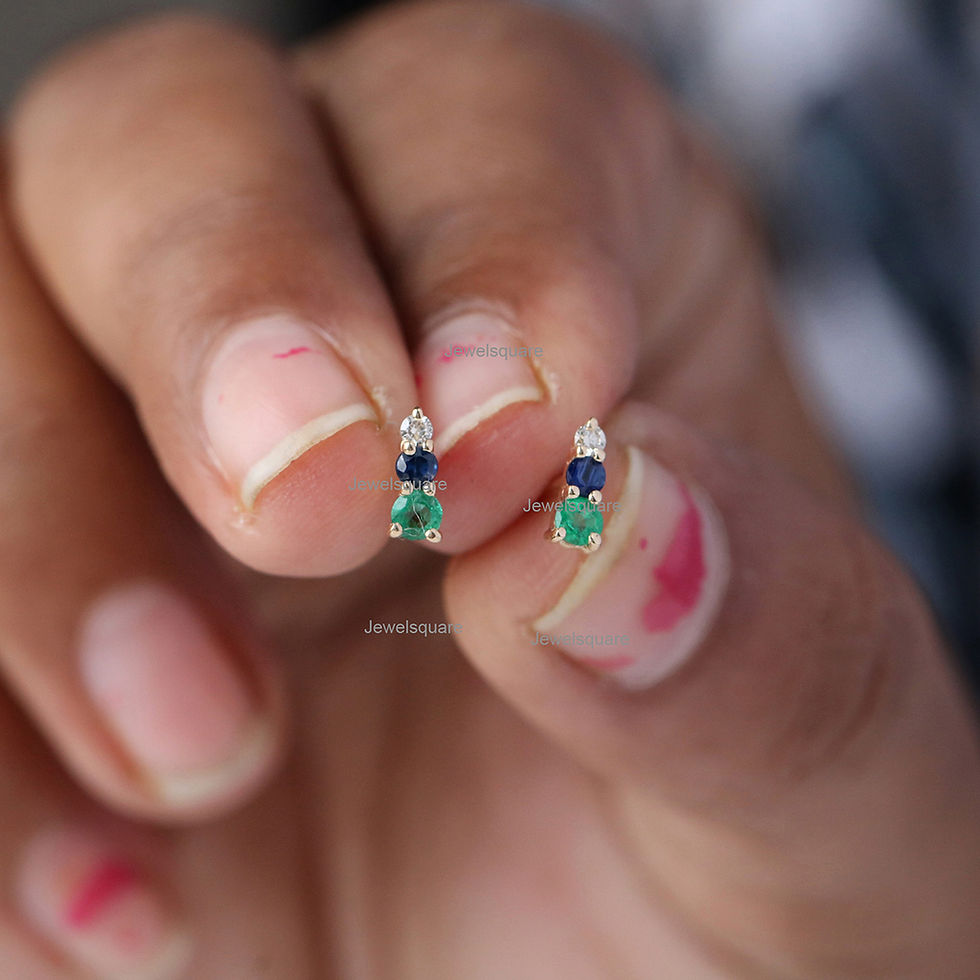 Thumbnail: Natural Emerald, Blue Sapphire, Diamonds Studs, 14k Gold 3 Stones Earrings Jewel