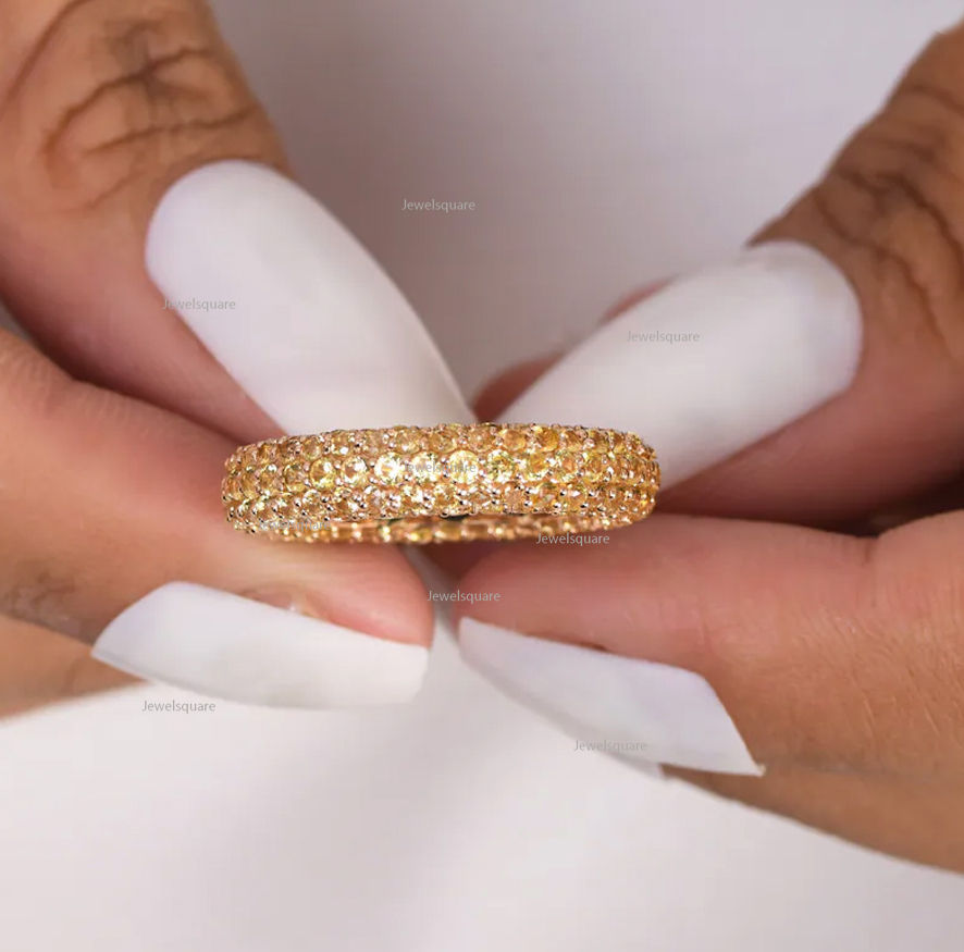 Thumbnail: Studded Yellow Sapphire Wedding Band Ring 14k Solid Yellow Gold, Stacking Ring