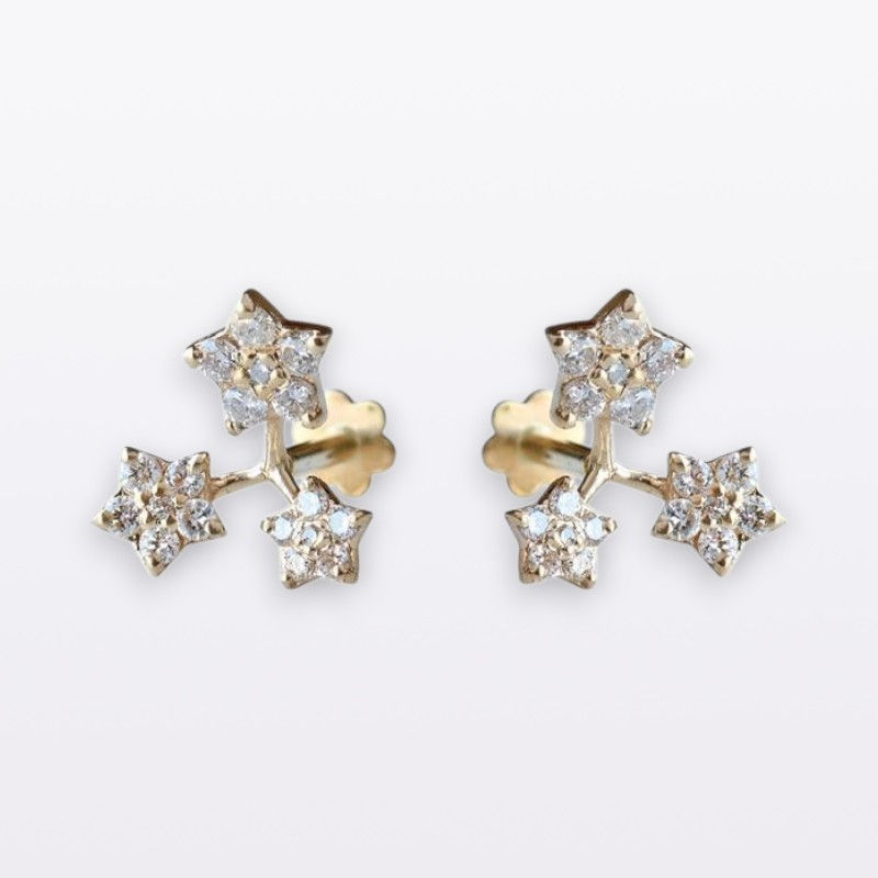 Si Clarity Trio Diamonds Floral Studs In Solid 14k Yellow Gold Earring
