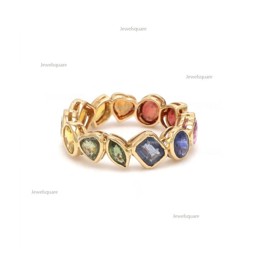 Thumbnail: Rainbow Sapphire Eternity Band, 14k Yellow Gold Band, Multi Shape Stackable Band