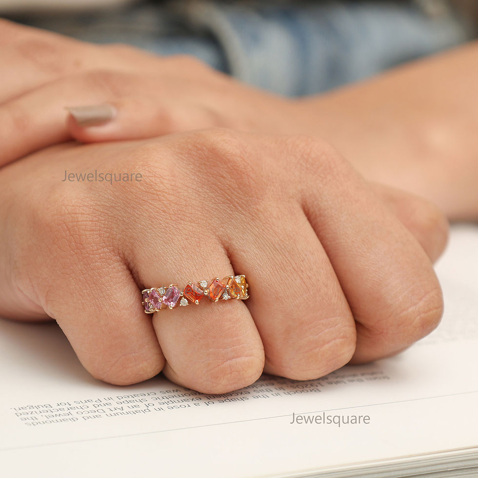 Thumbnail: Emerald Cut Rainbow Sapphire & Diamond Eternity Ring, 14K Gold Wedding Ring