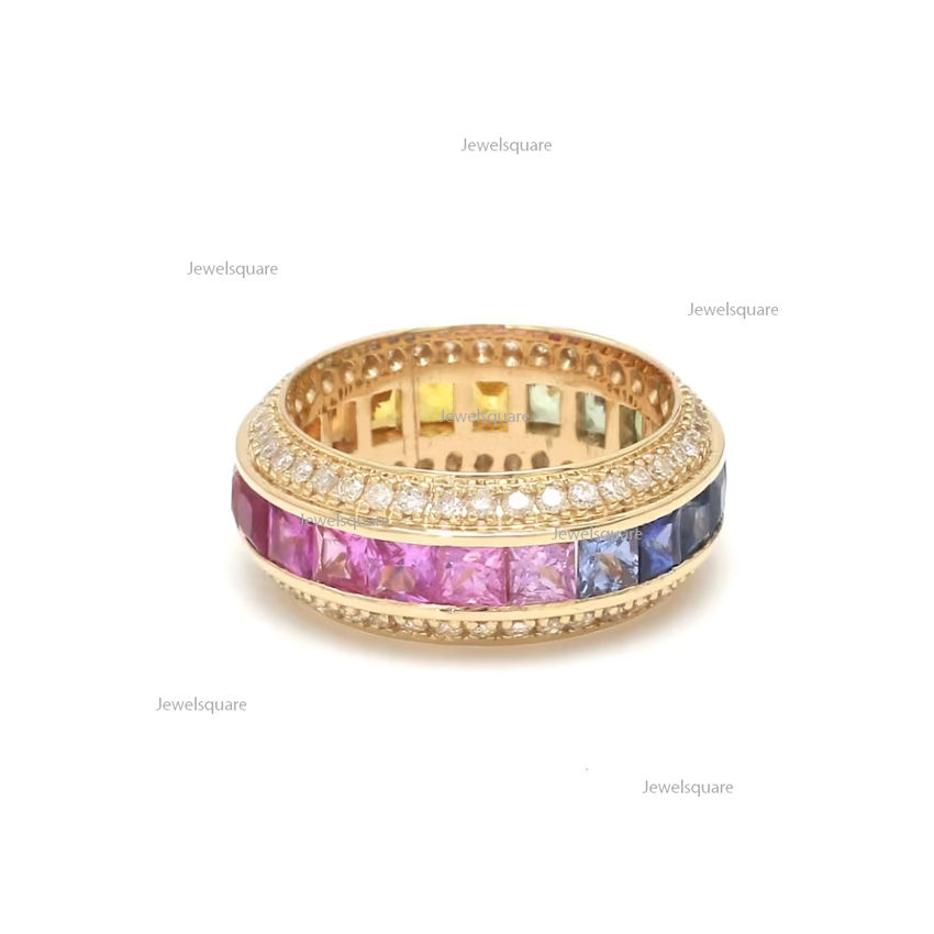 Thumbnail: Princess Cut Rainbow Sapphire And Diamond Full Eternity Band Ring, 14K Gold Ring