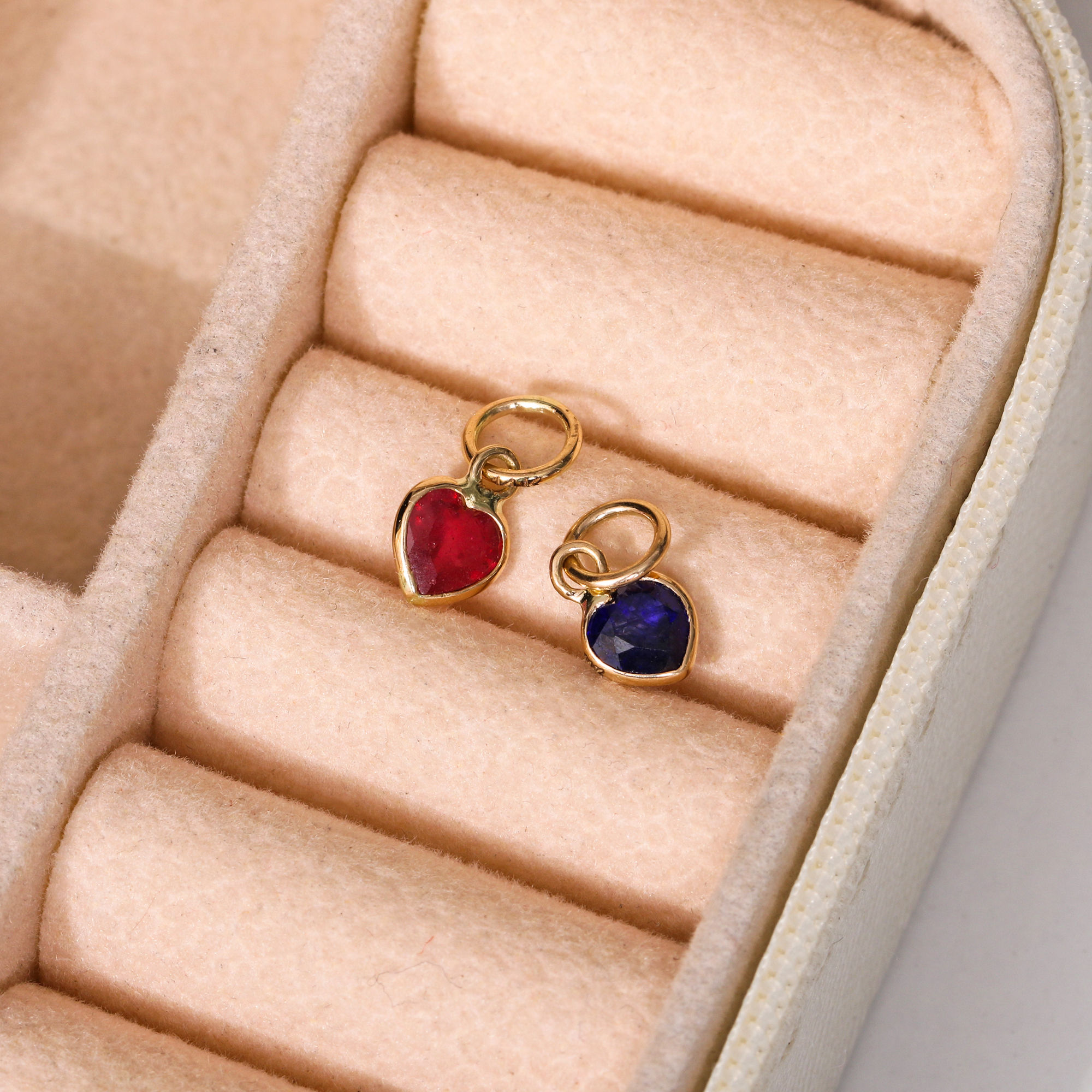 Natural Blue Sapphire & Ruby Heart Charm Pendant, 14k Yellow Gold Fine Jewelry