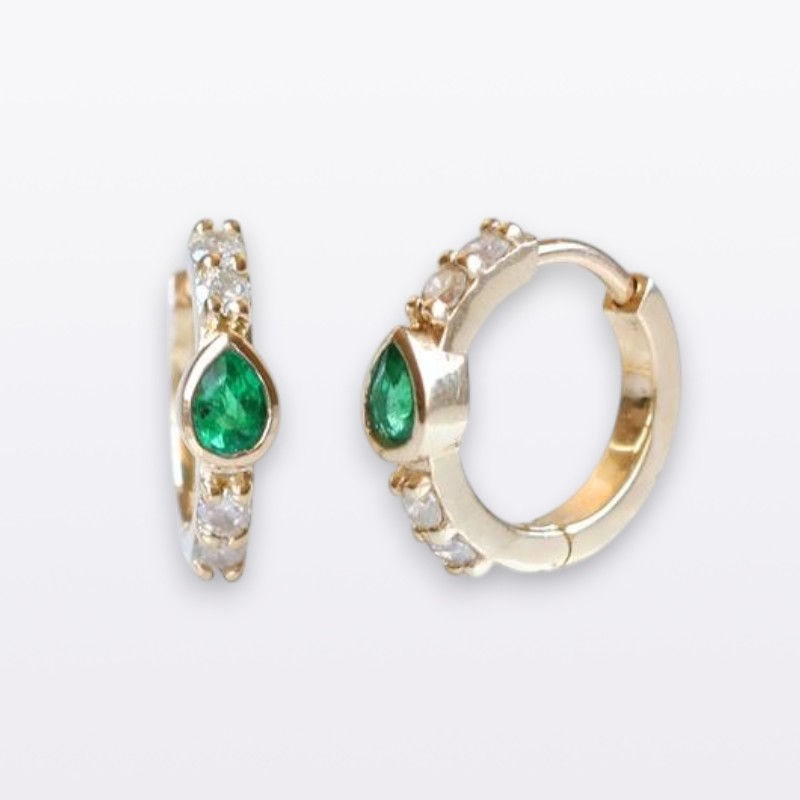 Natural Pear Emerald & Diamond Huggies Hoops in Solid 14k Yellow Gold Earrings.