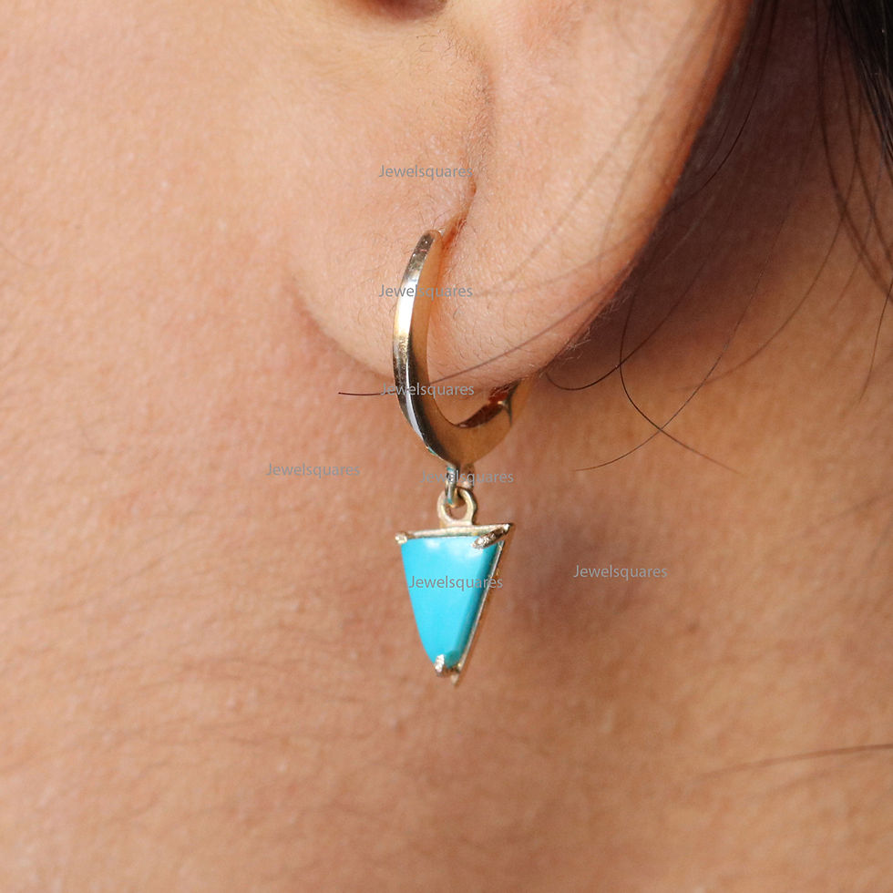 Thumbnail: Solitaire Triangle Turquoise Drop Hoop Earring in 14k Yellow Gold Gift Jewelry