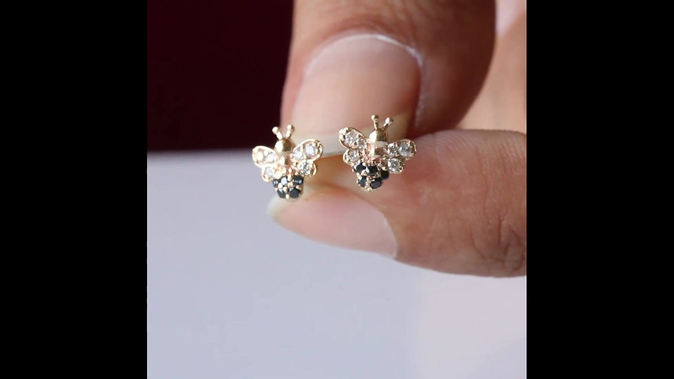 Thumbnail: Natural Black And White Diamonds Bee Mini Studs In 14k gold Fine Gift Jewelry