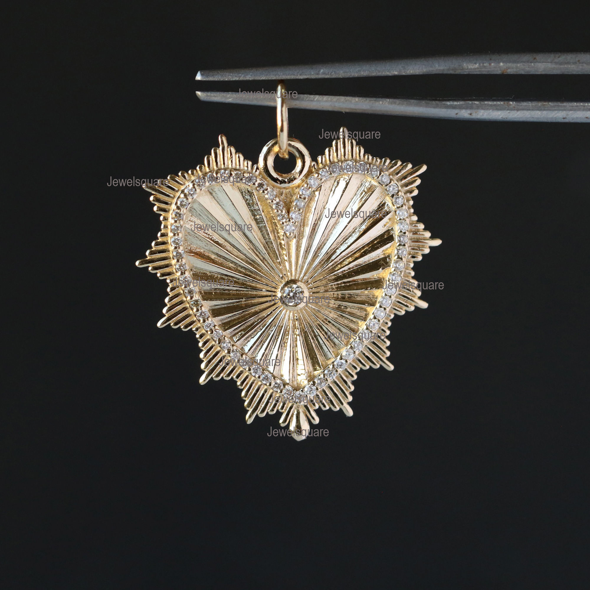 24mm, 0.29ct Natural Diamonds Fluted Spike Heart Pendant 14k Solid Yellow Gold