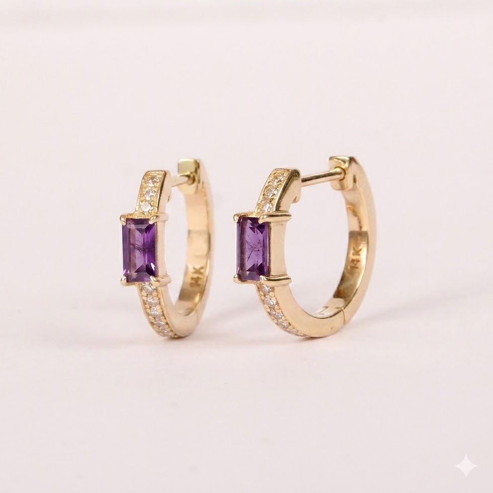 Thumbnail: Baguette Amethyst & Diamond Huggie Hoop Earrings, 14k Solid Yellow Gold Jewelry
