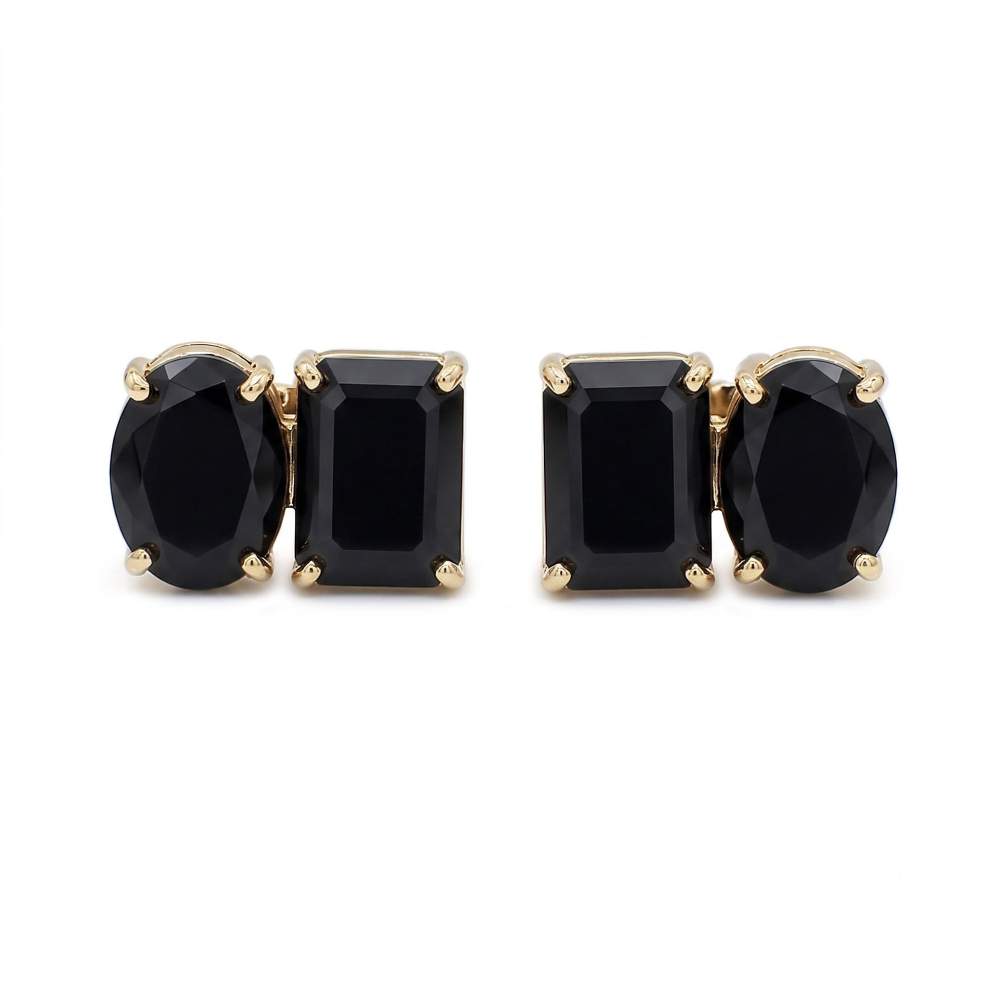 Oval , Octagon Black Onyx Stud Earrings, Solid 14K Yellow Gold Two Stone Studs