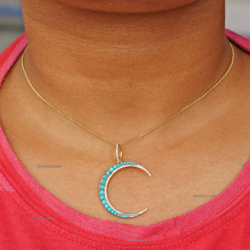 Thumbnail: Natural Round Turquoise & Diamond Crescent Pendant For Necklace In 14k Gold
