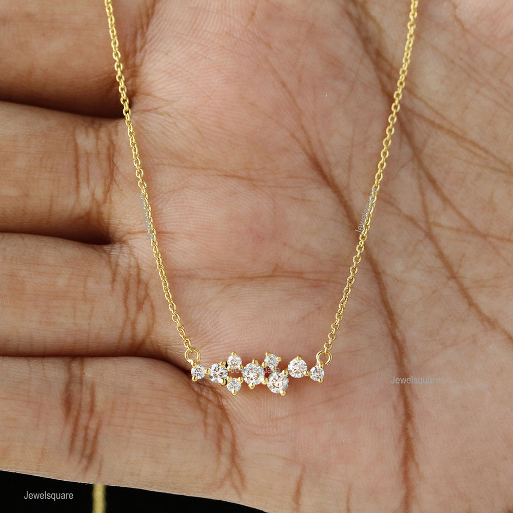 14k Yellow Gold in Natural Diamond Cluster Necklace, Handmade Fine.